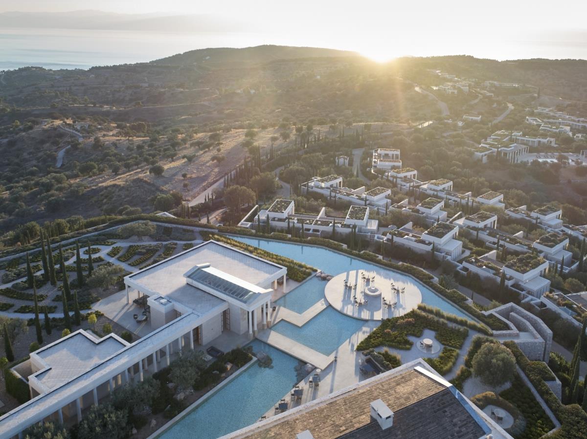 Aerial view of Amanzoe and its surroundings