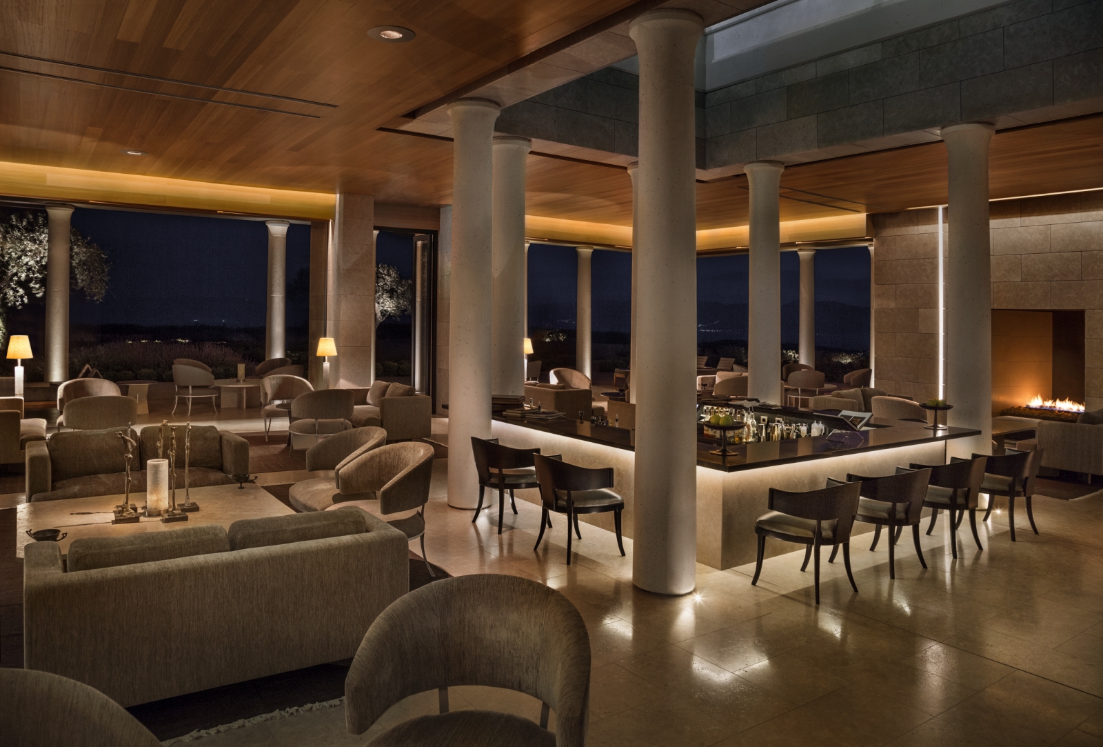 Interior of the bar at Amanzoe at night
