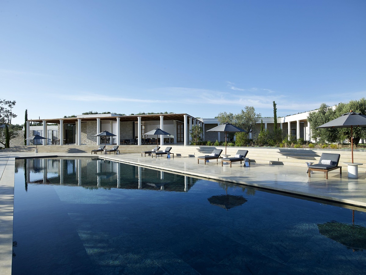 Swimming pool and exteriors of Amanzoe, Greece