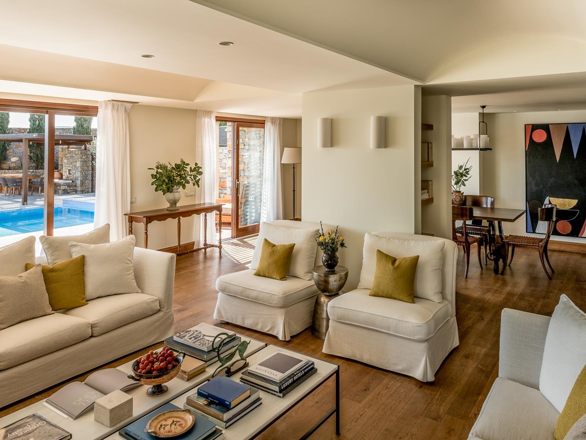 Guest suite lounge at Phāea Blue Palace in Crete