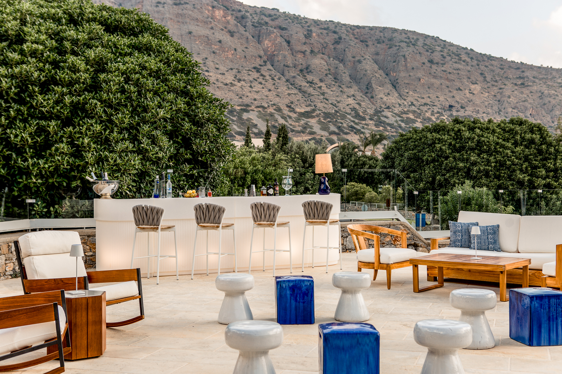 Patio seating area at Phāea Blue Palace in Crete
