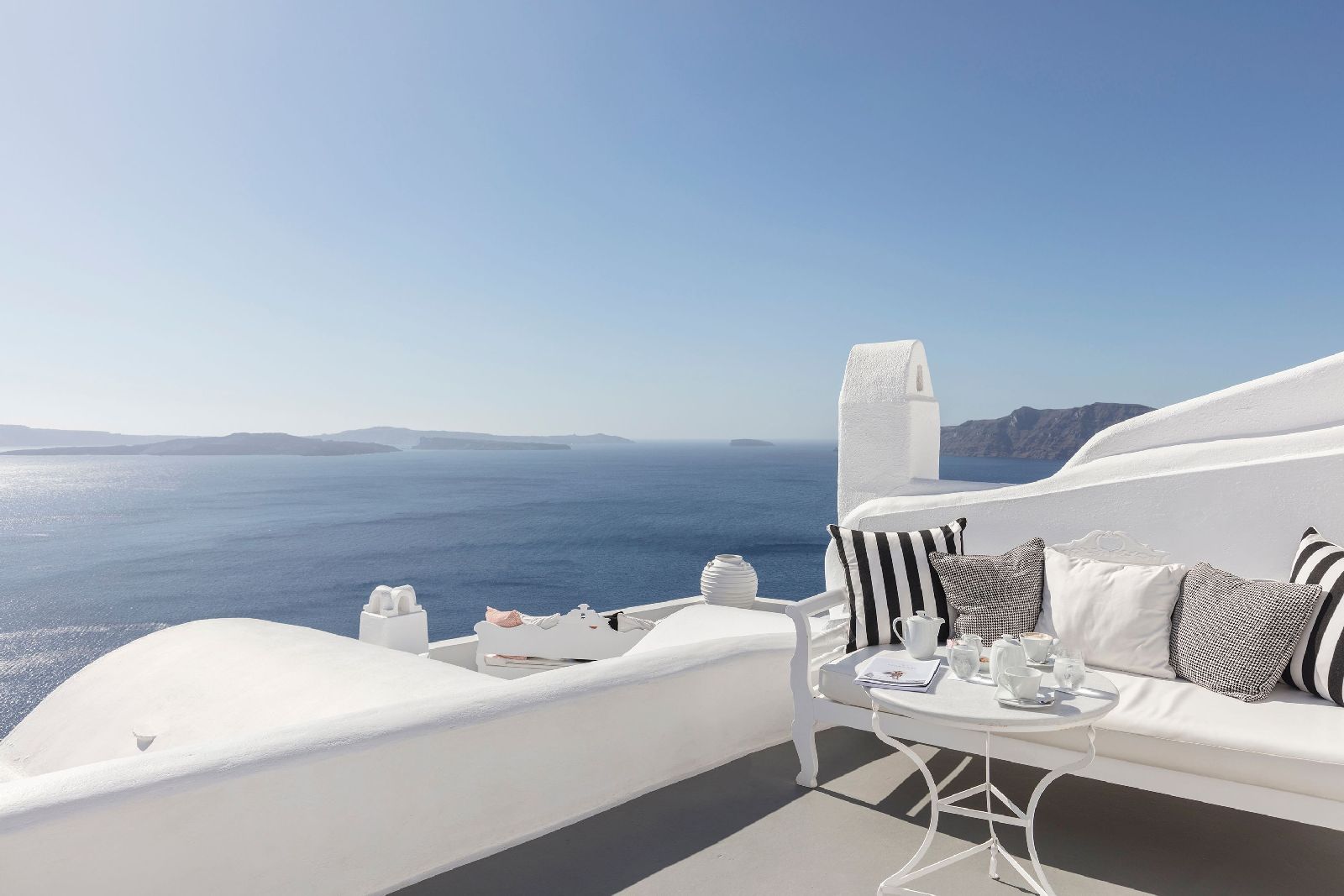 Panoramic sea views from a terrace at Canaves Oia Suites in Santorini
