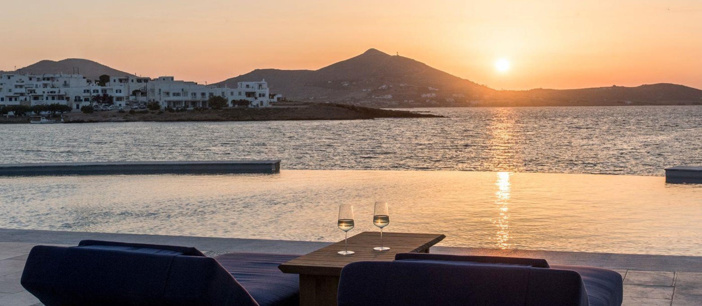 Sunset views from the half moon pool at the Cosme Resort in Paros Greece