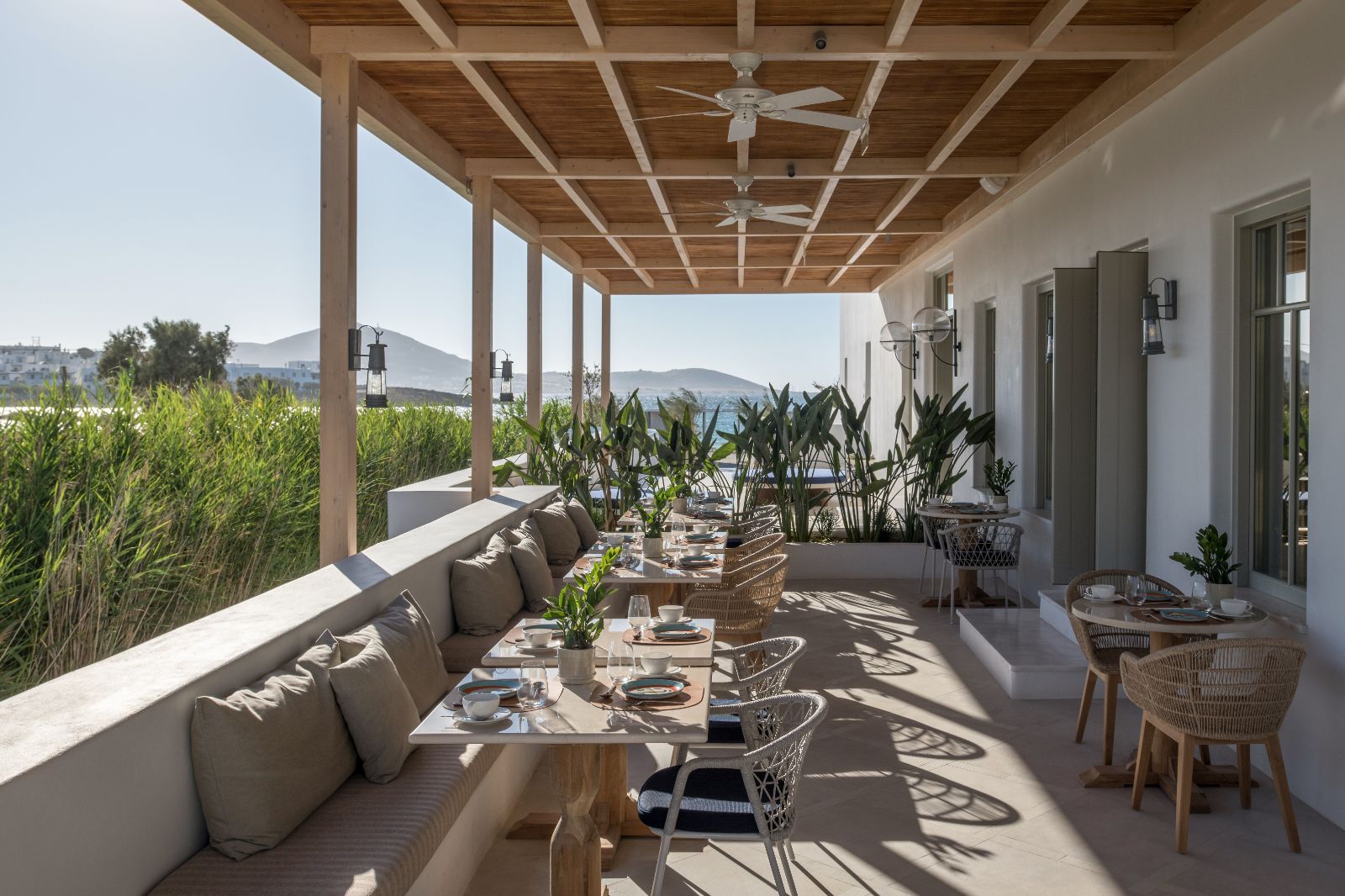 The restaurant terrace at the Cosme Resort in Paros Greece