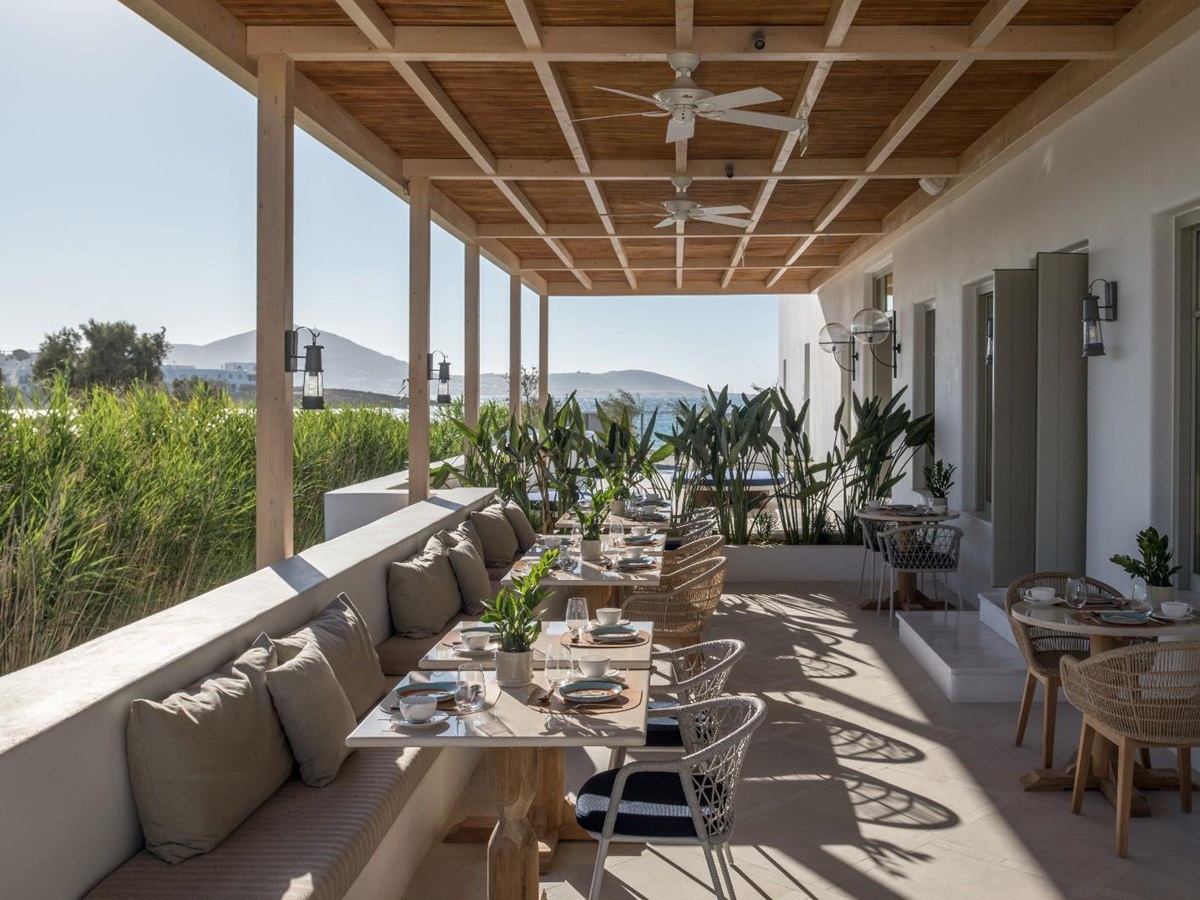 The restaurant terrace at the Cosme Resort in Paros Greece
