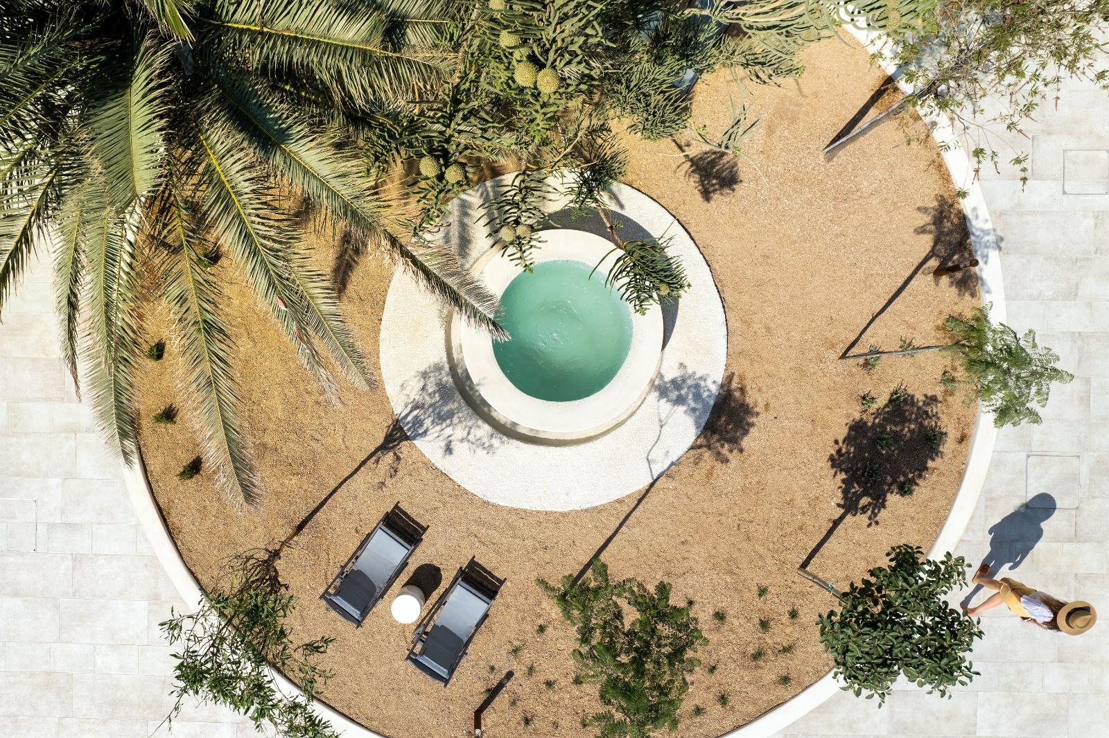 Aerial view of sun terrace at the Cosme Resort in Paros Greece
