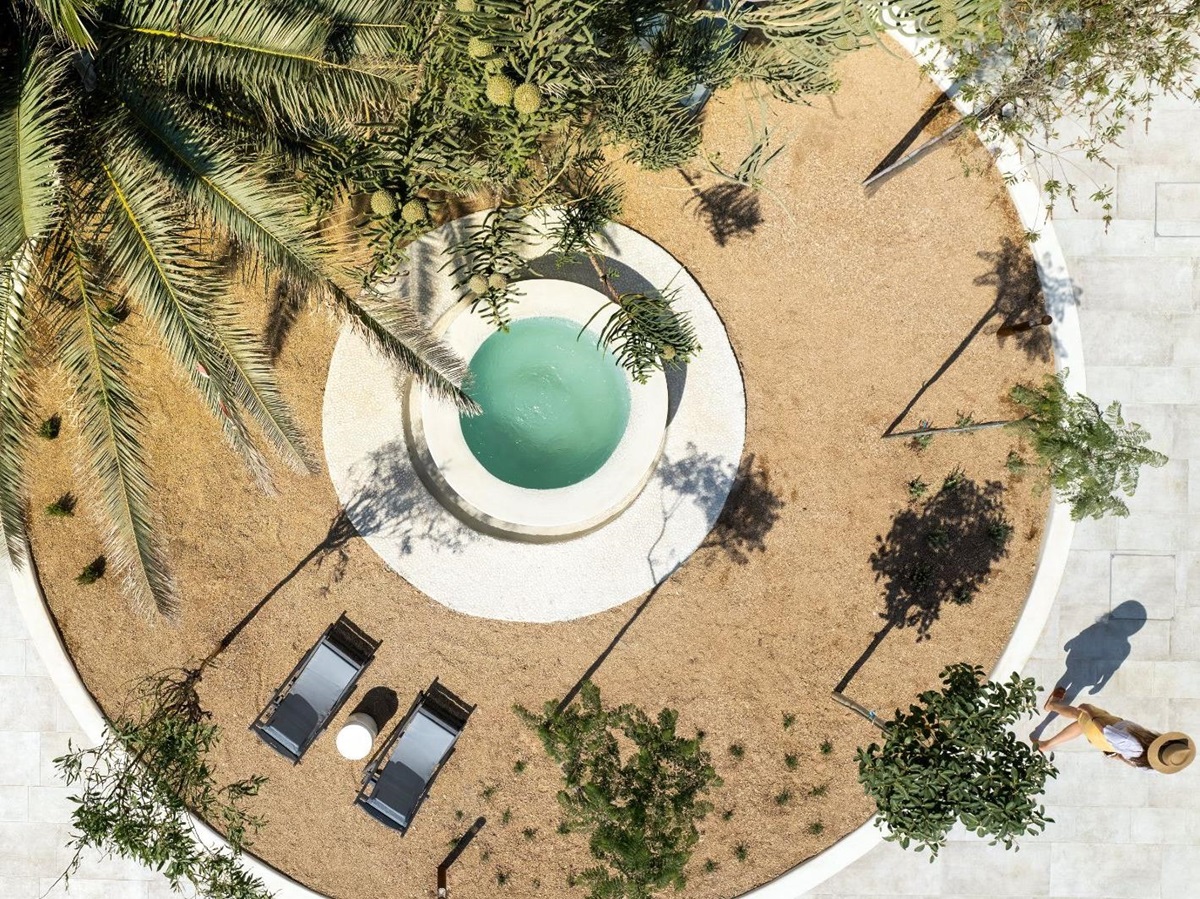 Aerial view of sun terrace at the Cosme Resort in Paros Greece