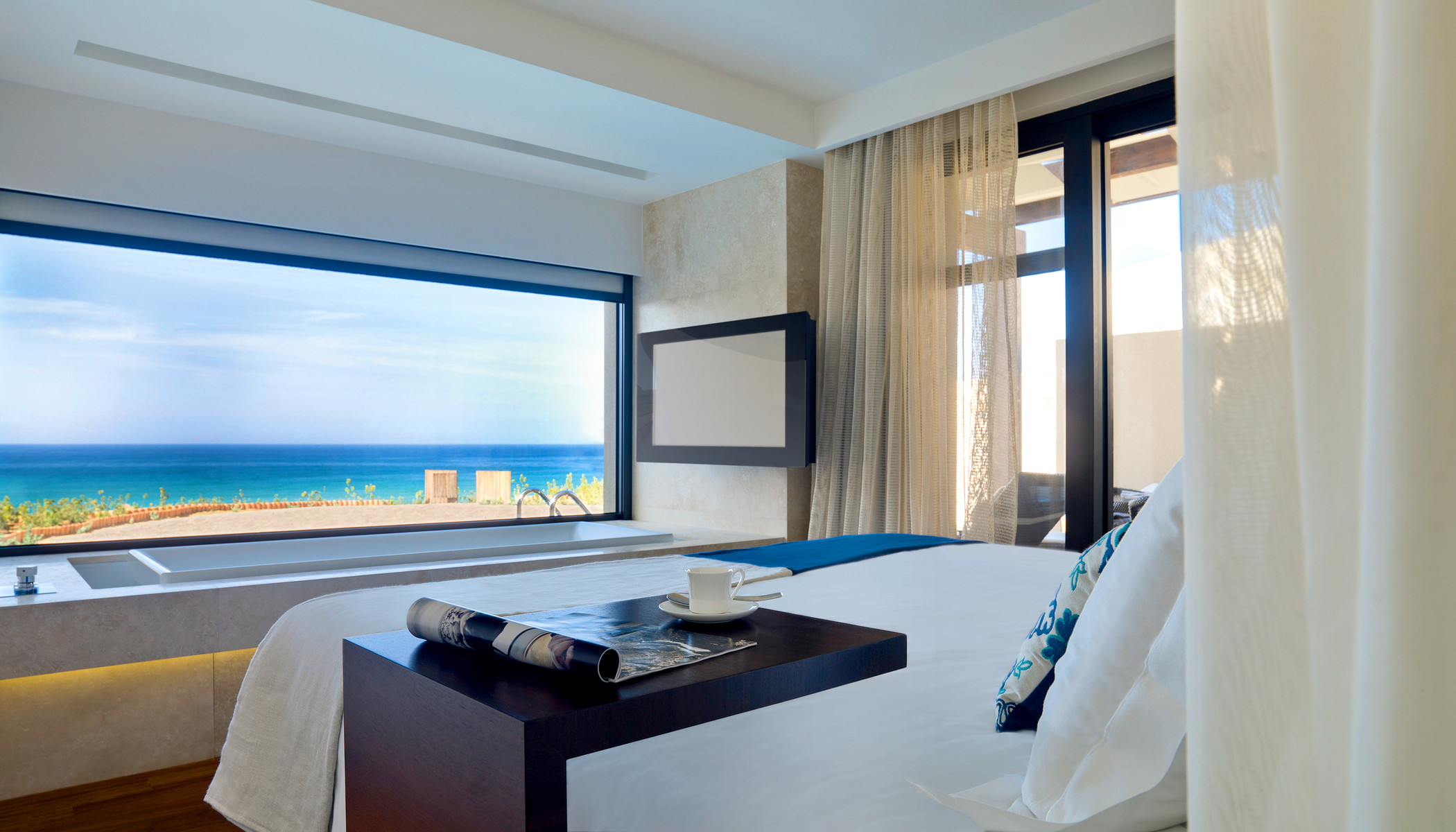 The bedroom of the premium grand suite at Costa Navarino, Greece