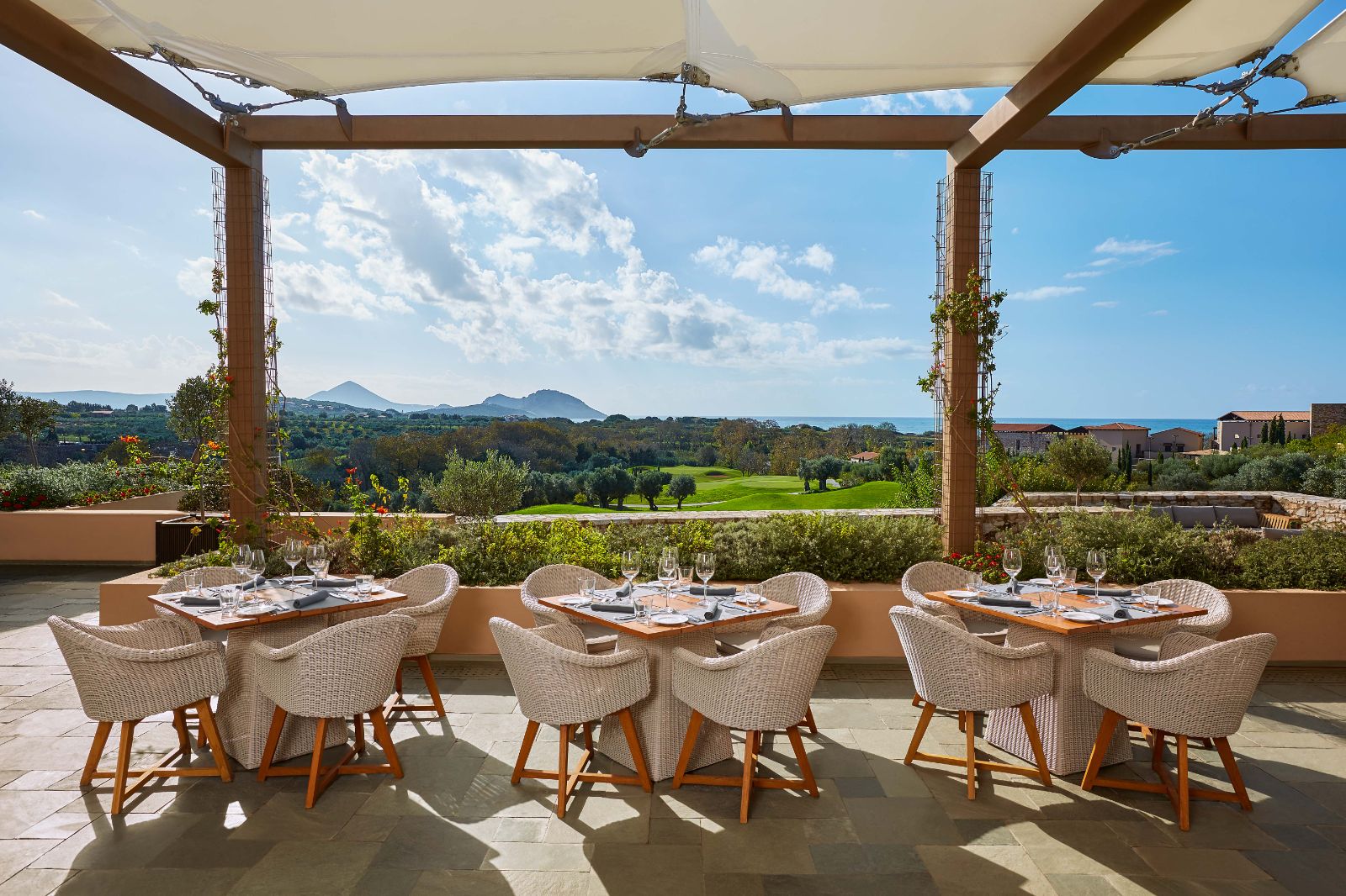Flame terrace at Costa Navarino in the Messinia region of Greece