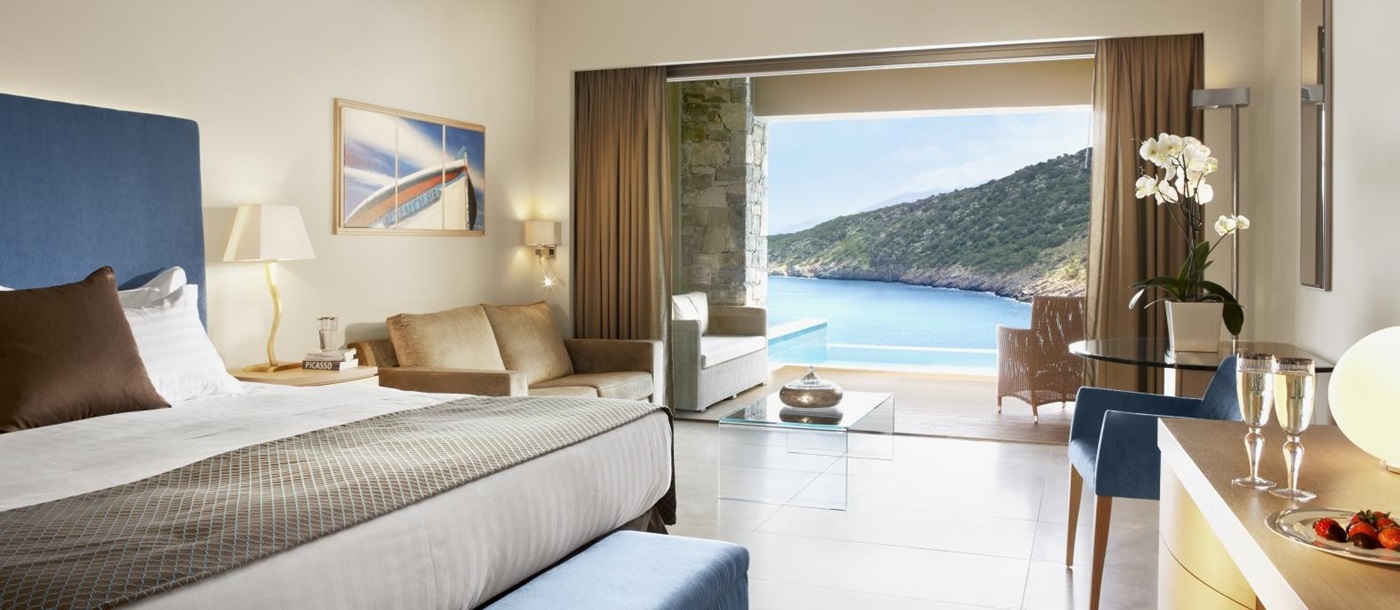 Deluxe Room with private pool and sea view at luxury resort Daios Cove in Greece