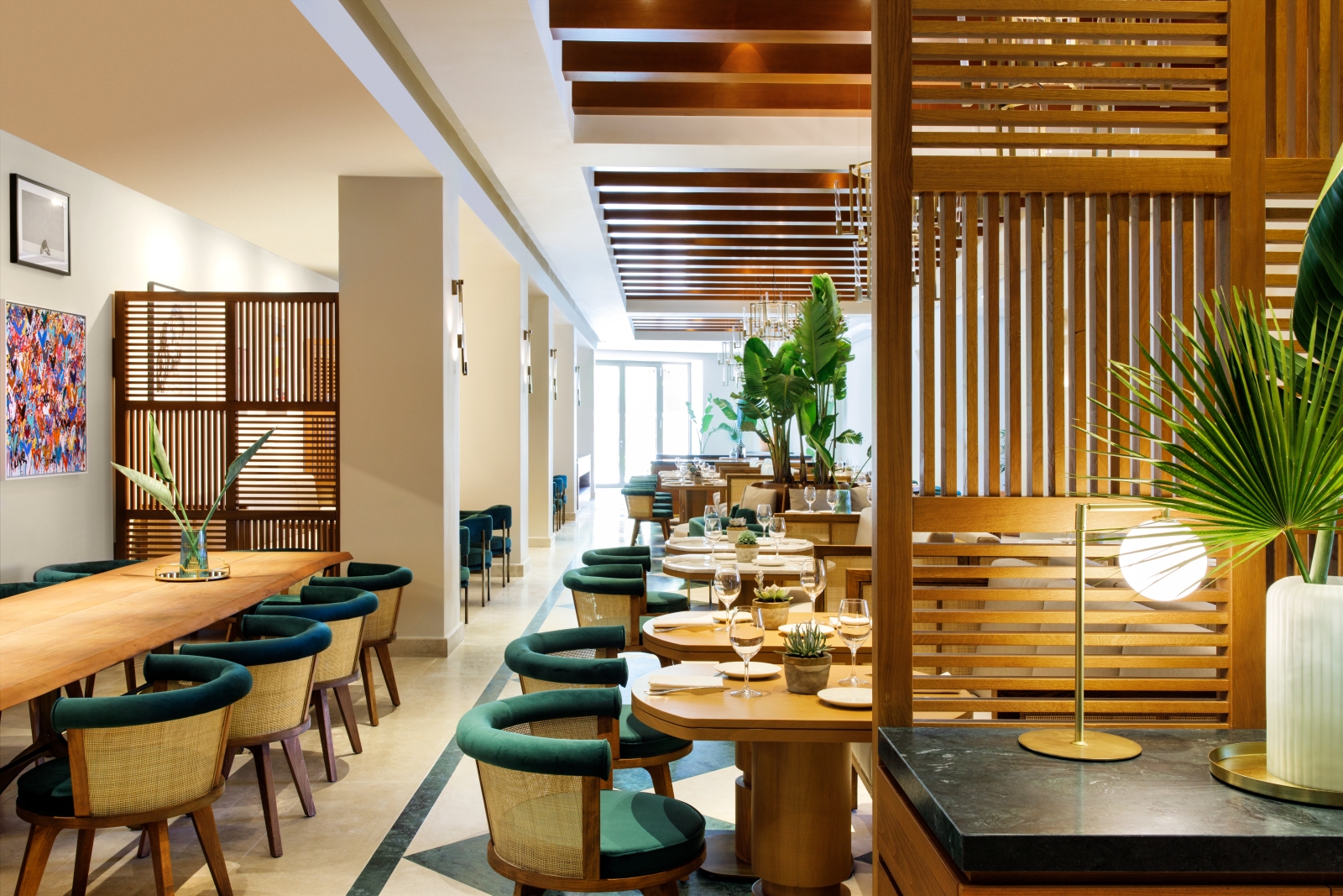 Asian-inspired interior of Ocean Restaurant at luxury resort Daios Cove in Greece