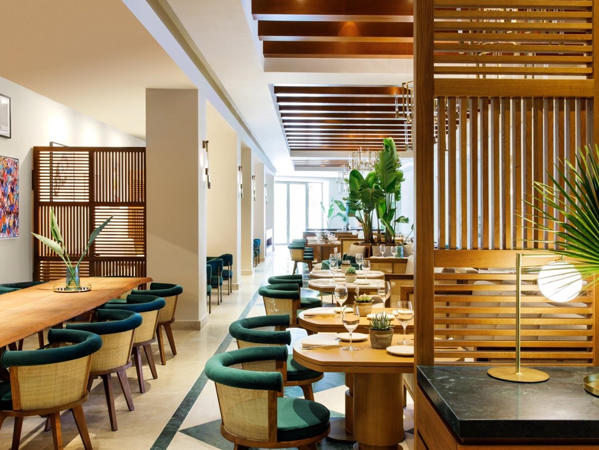 Asian-inspired interior of Ocean Restaurant at luxury resort Daios Cove in Greece