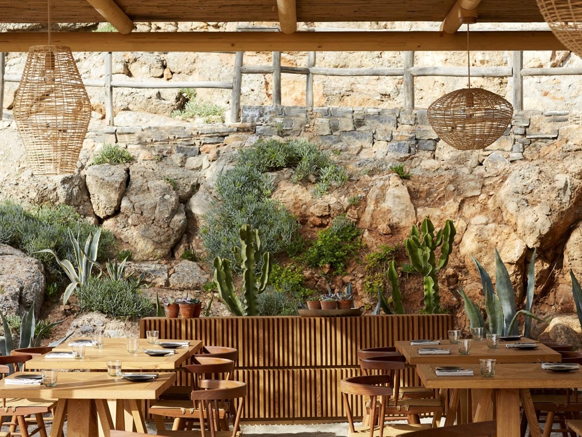 Seating at The Beach House with cacti and other succulents at luxury resort Daios Cove in Greece