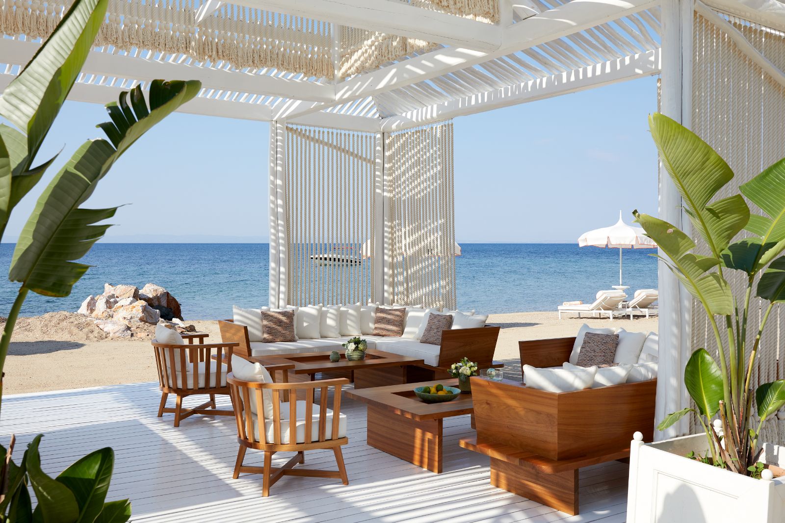 Beachside reception and lounge at luxury resort Danai Beach in Greece 