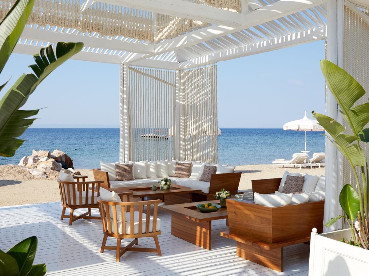 Beachside reception and lounge at luxury resort Danai Beach in Greece