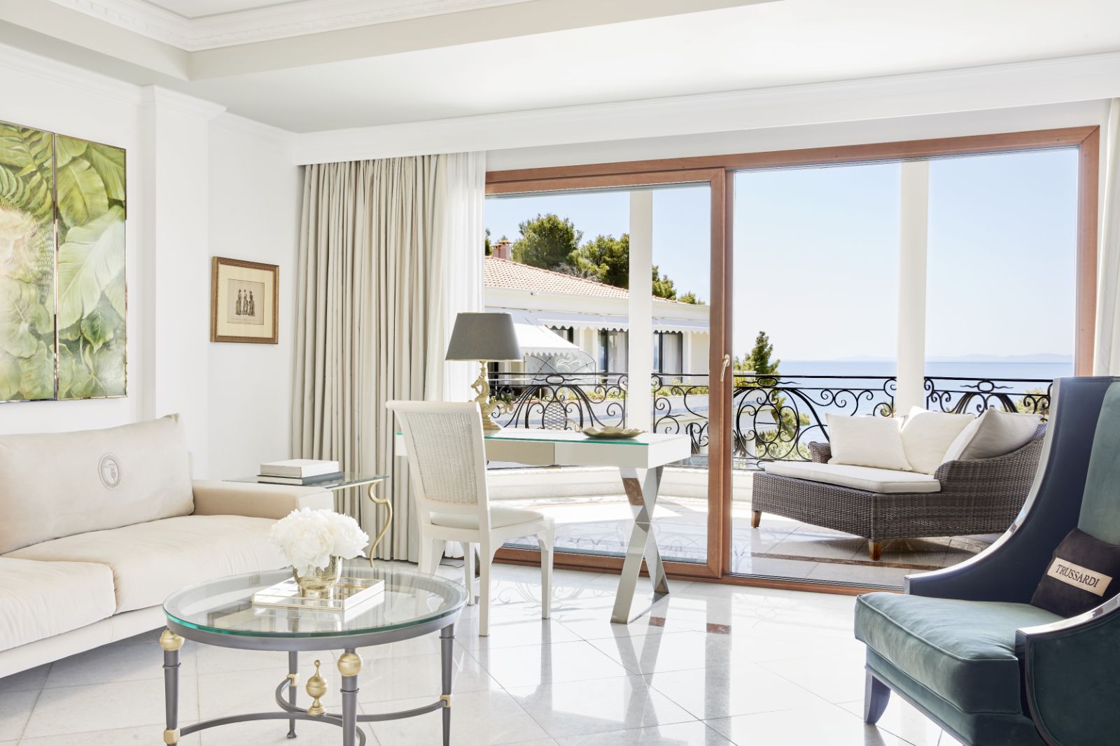 Bright lounge area of an Executive Two-Bedroom Suite at luxury resort Danai Beach in Greece