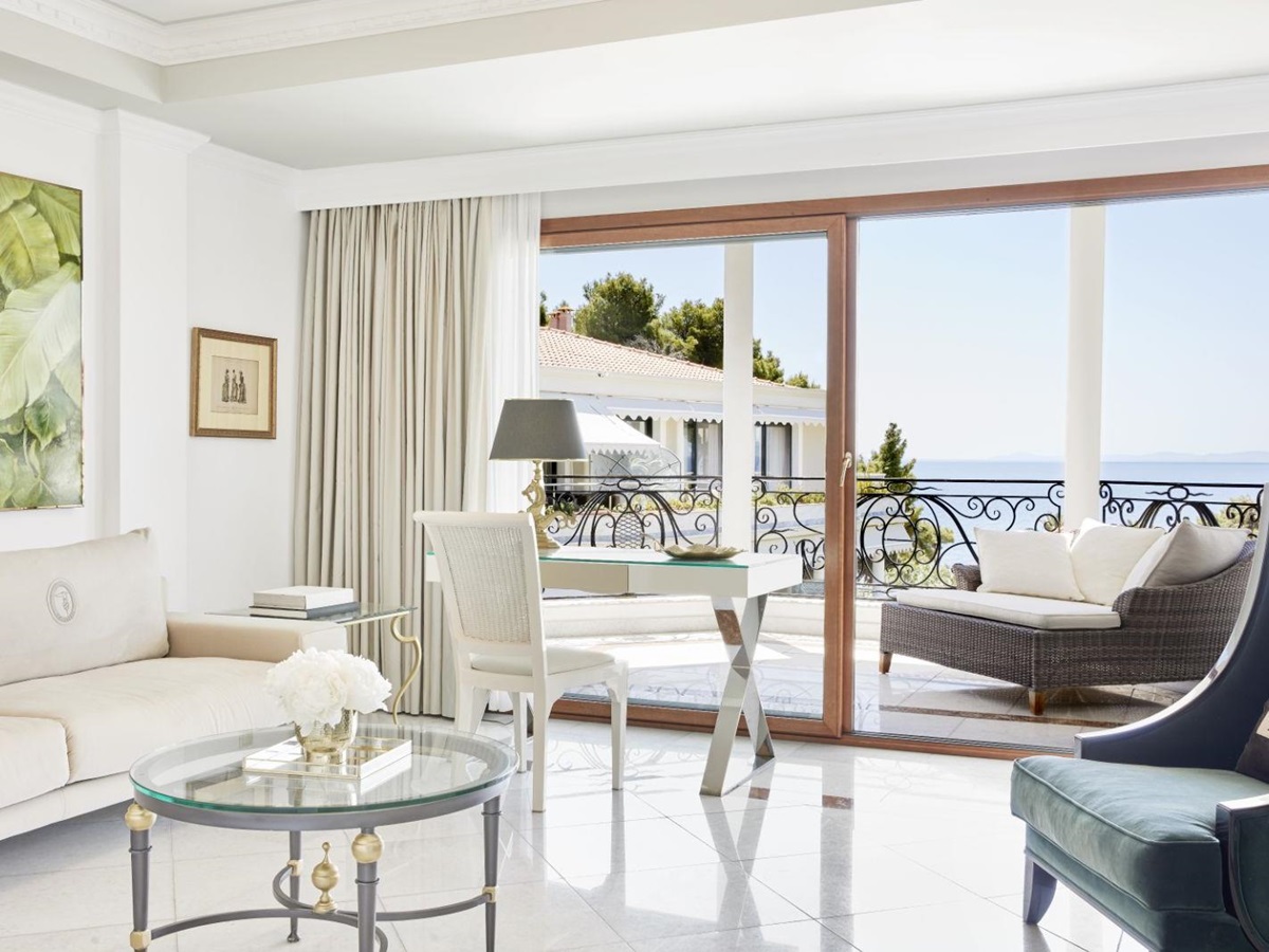Bright lounge area of an Executive Two-Bedroom Suite at luxury resort Danai Beach in Greece