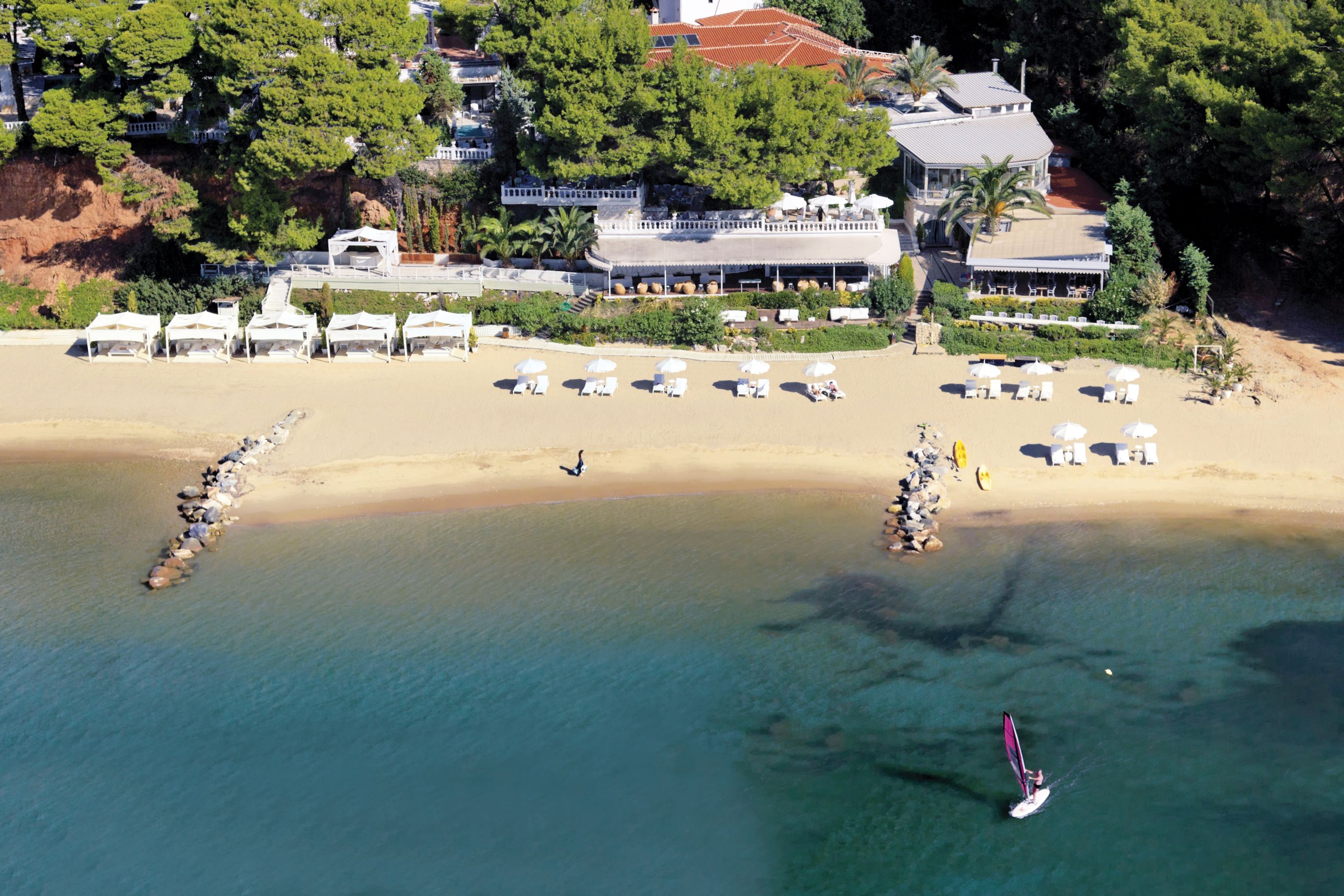 Aerial view of the beach and Danai Beach Resort Villas, Greece