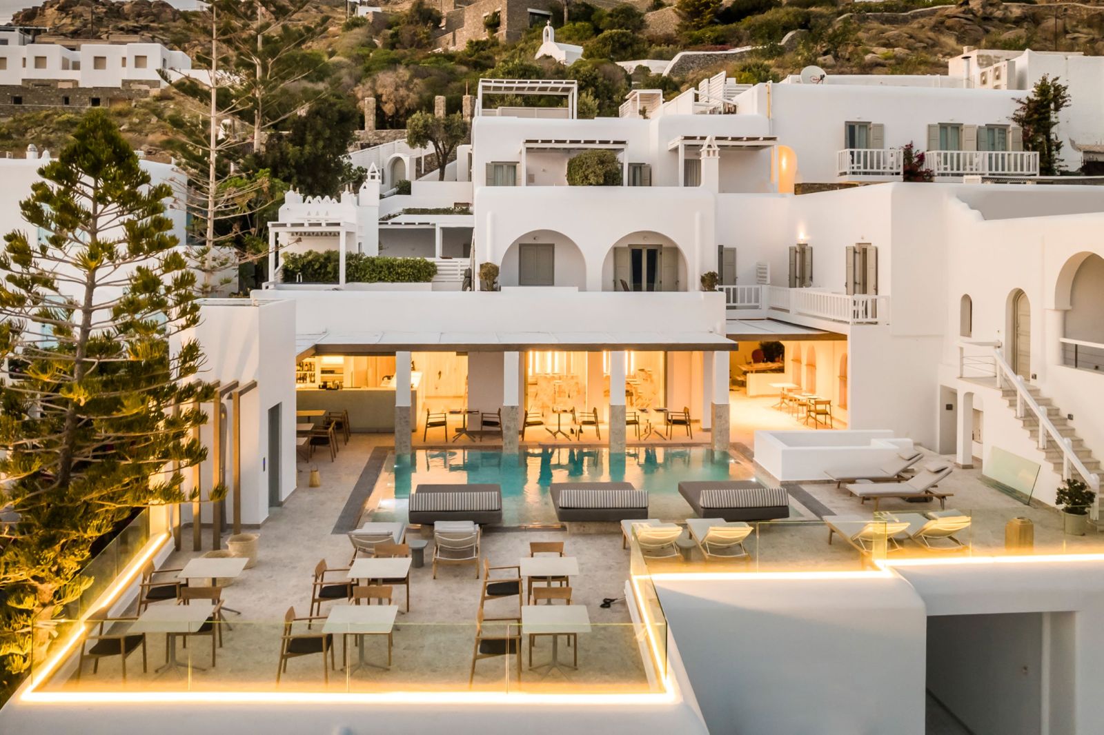 Aerial view of the pool area at Grace Mykonos 