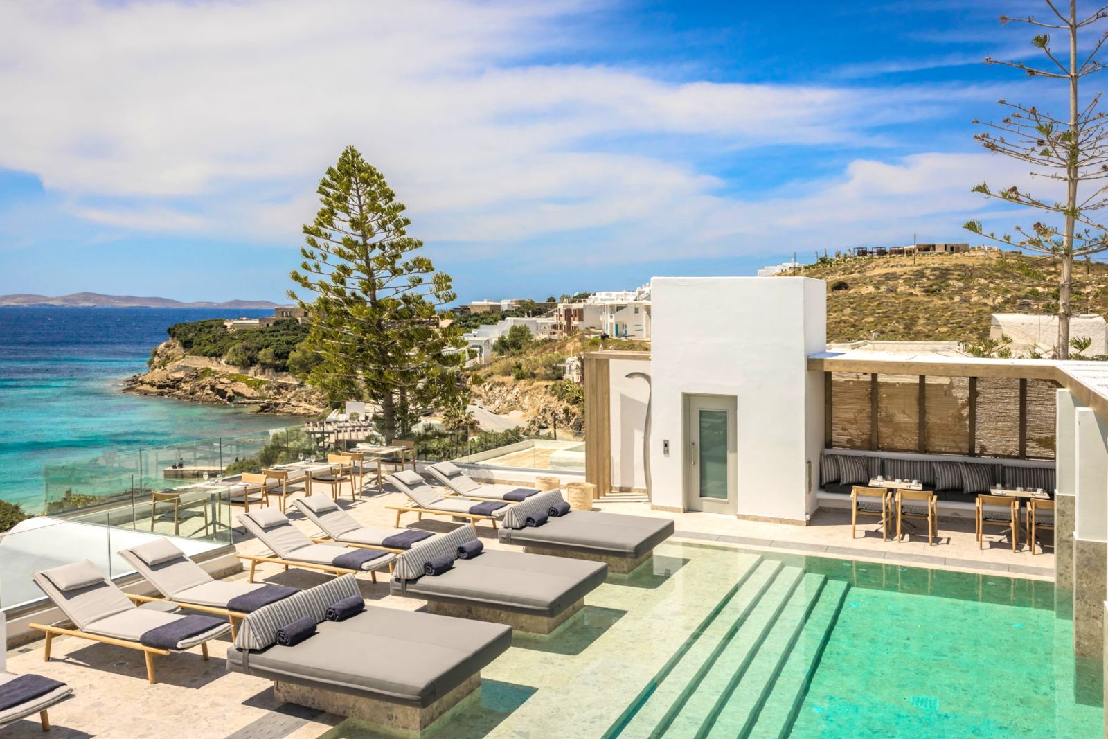 Pool area and loungers at Grace Mykonos
