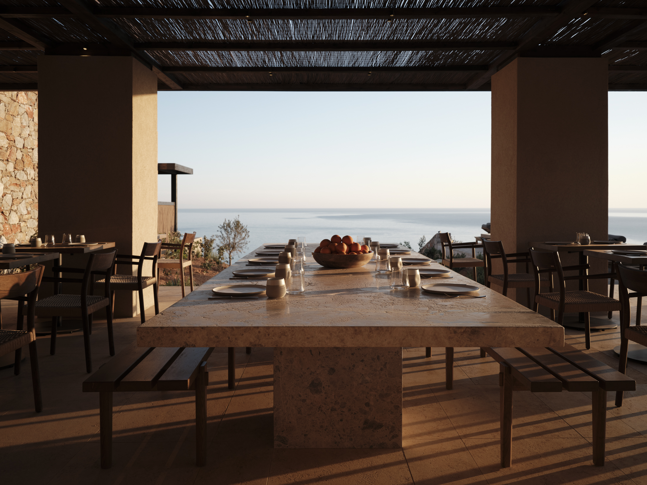 Large restaurant dining table at Gundari luxury resort in Greece