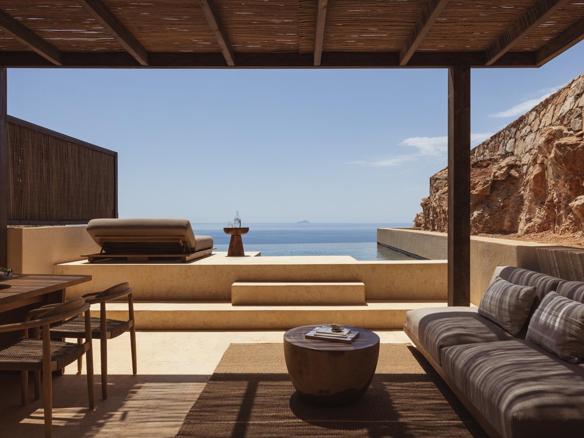 Guest suite terrace with ocean views at Gundari luxury resort in Greece
