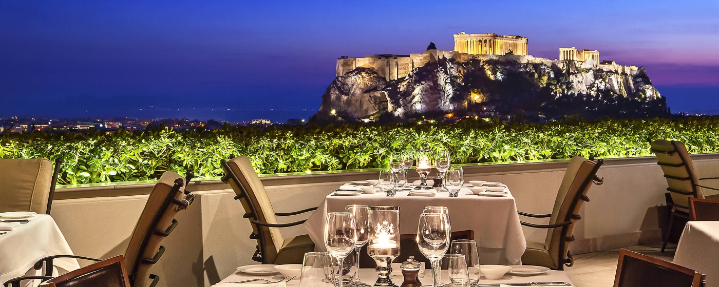 Night view of Acropolis from Grand Hotel Bretagne in Athens Greece