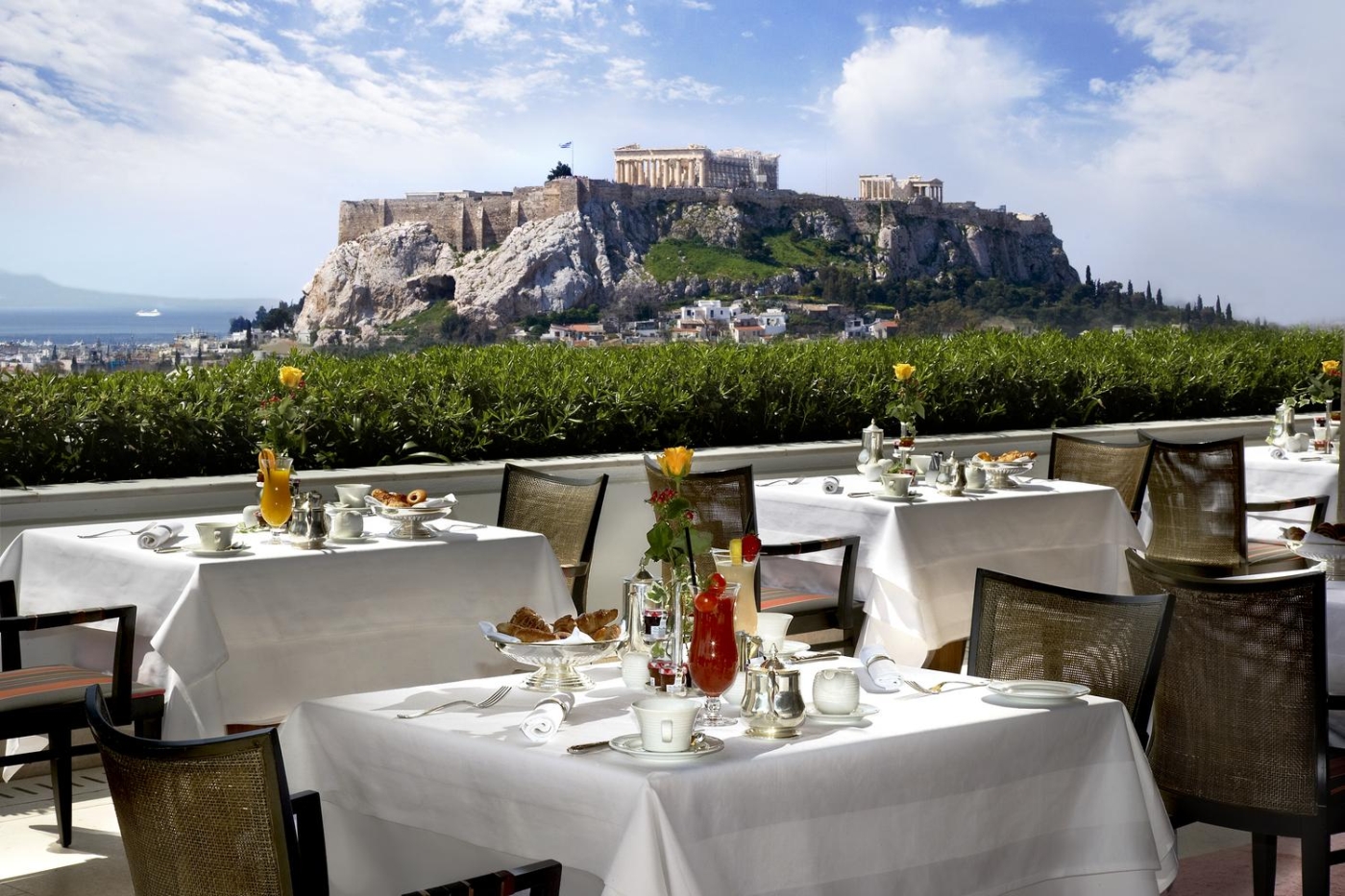 Day time view of Acropolis from Grand Hotel Bretagne in Athens Greece