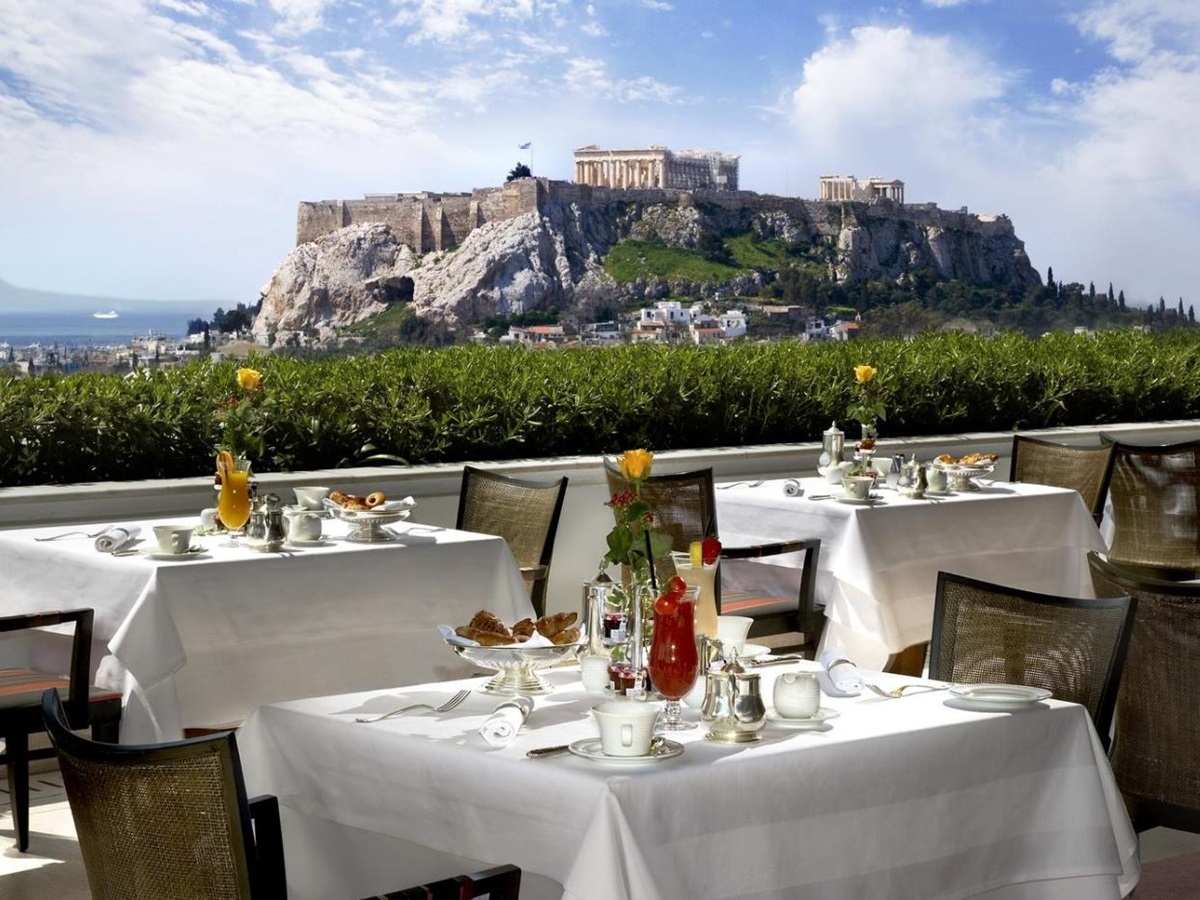 Day time view of Acropolis from Grand Hotel Bretagne in Athens Greece