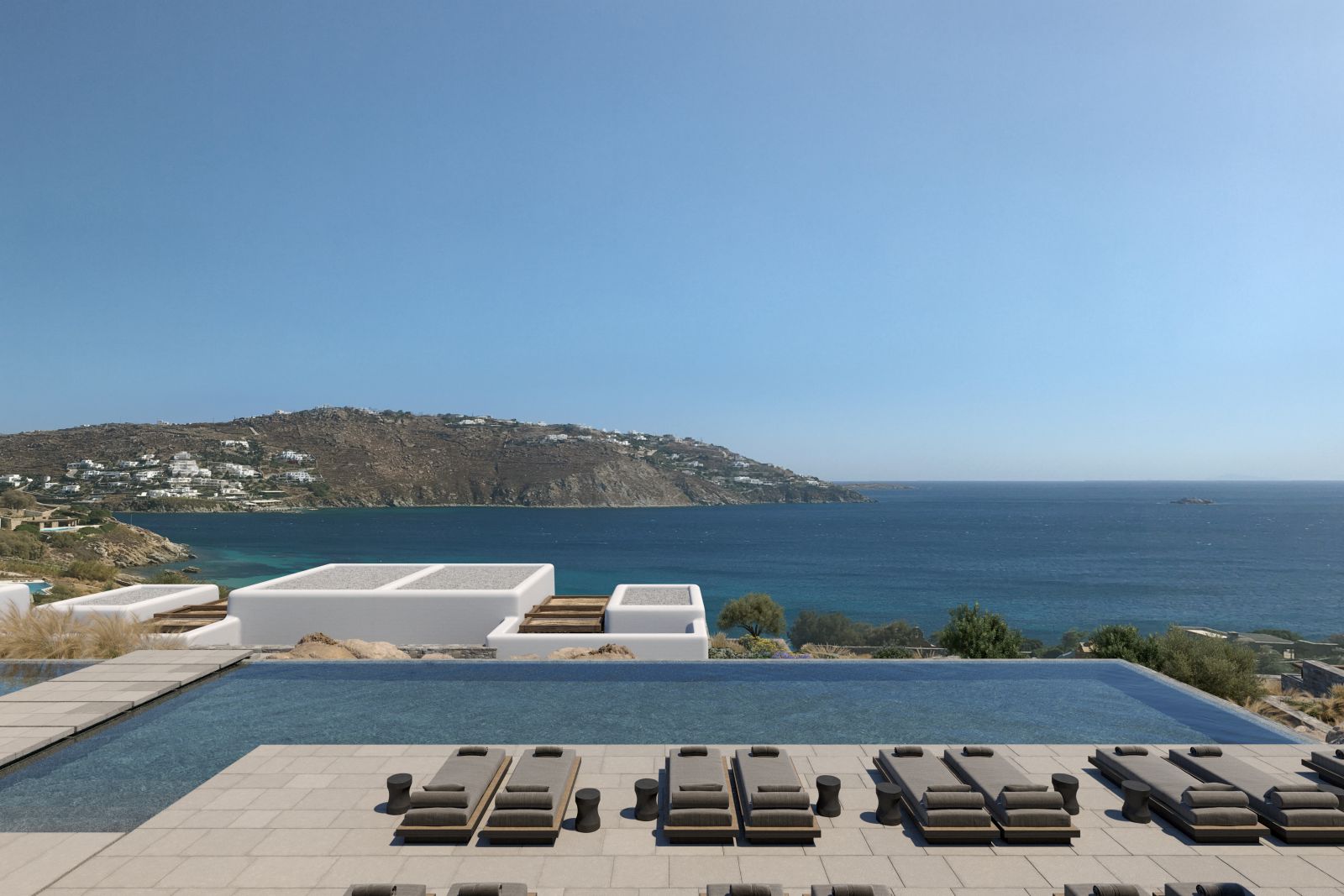 Swimming pool and sea views at Kalesma Mykonos