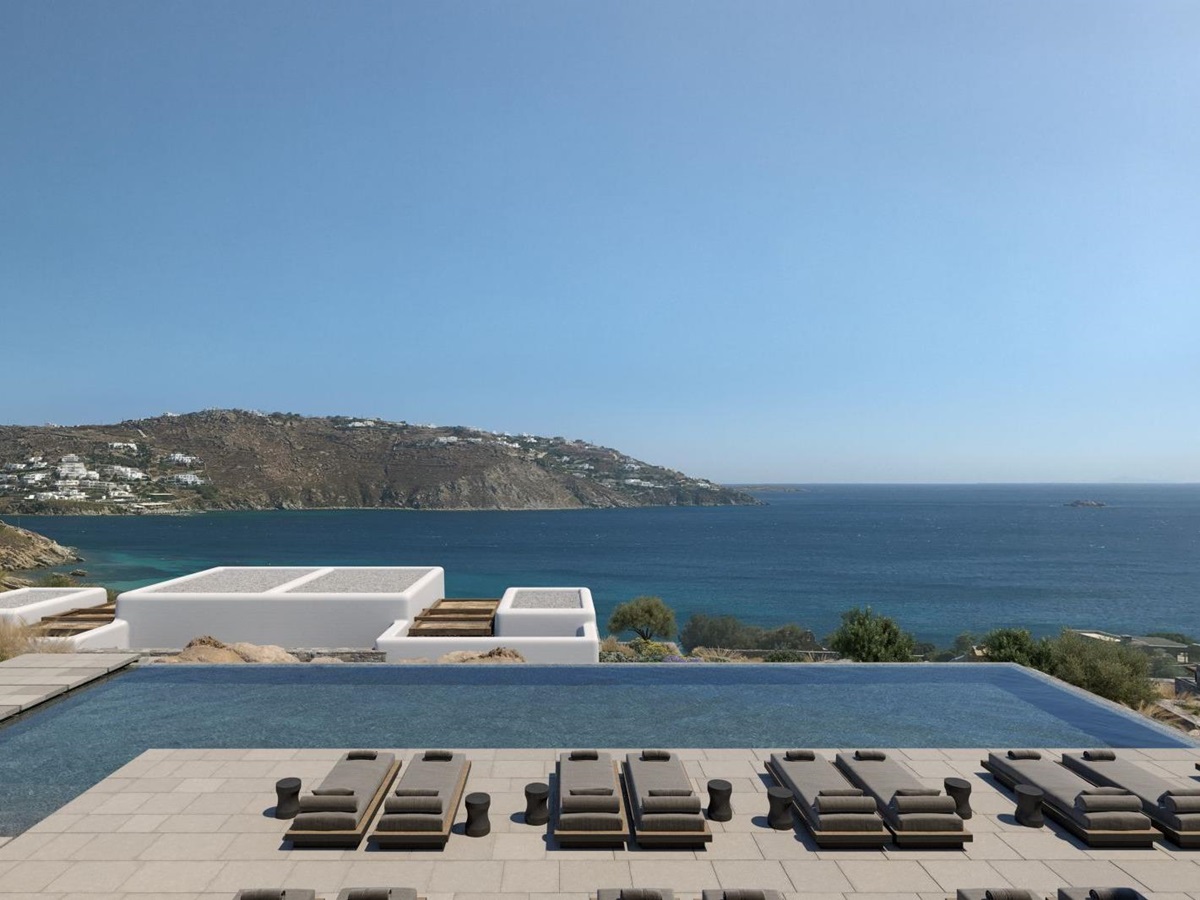 Swimming pool and sea views at Kalesma Mykonos