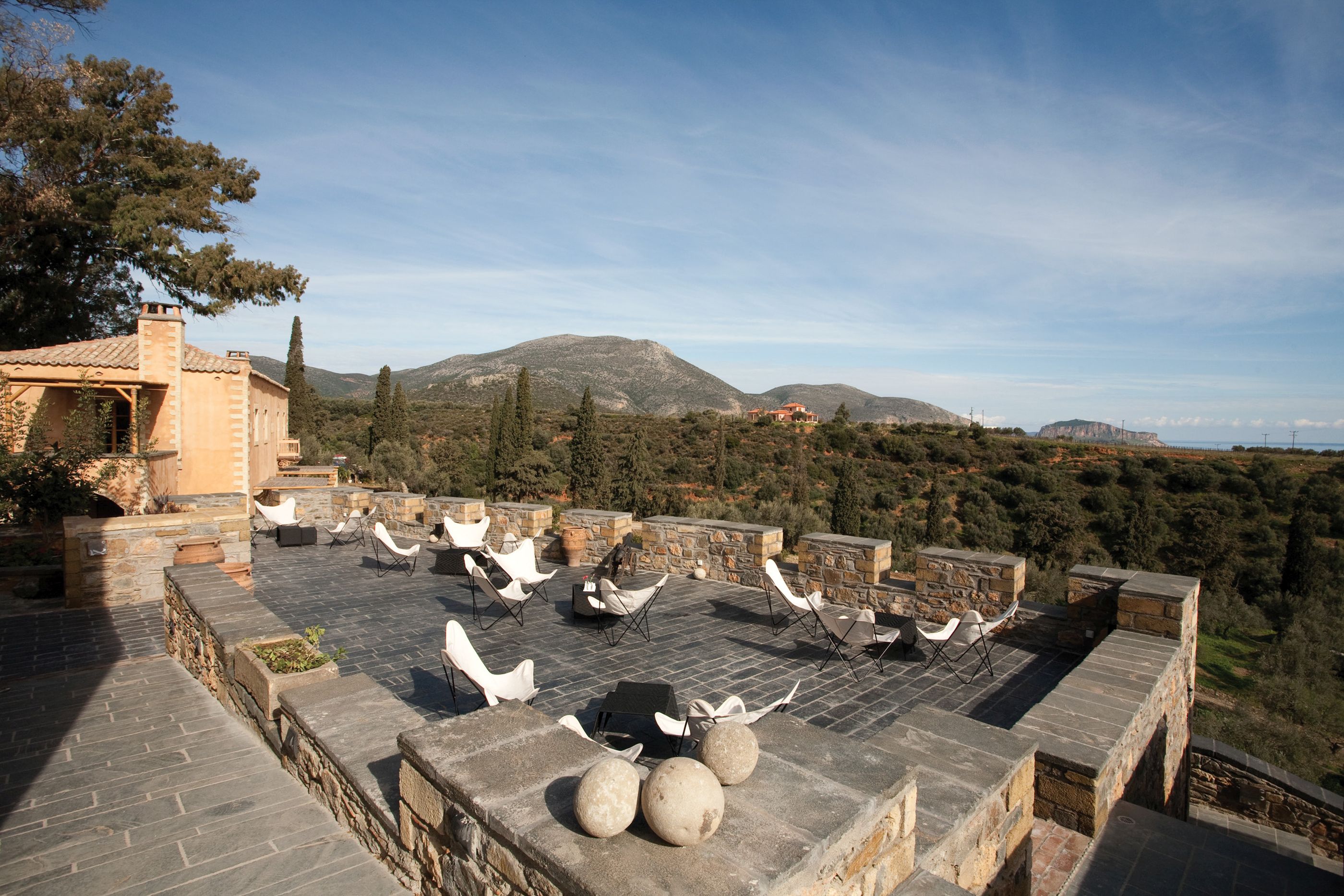 The terrace with mountain view from Kinsterna Hotel Monemvasia, Greece