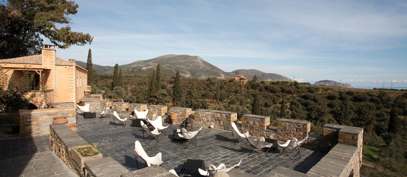 The terrace with mountain view from Kinsterna Hotel Monemvasia, Greece