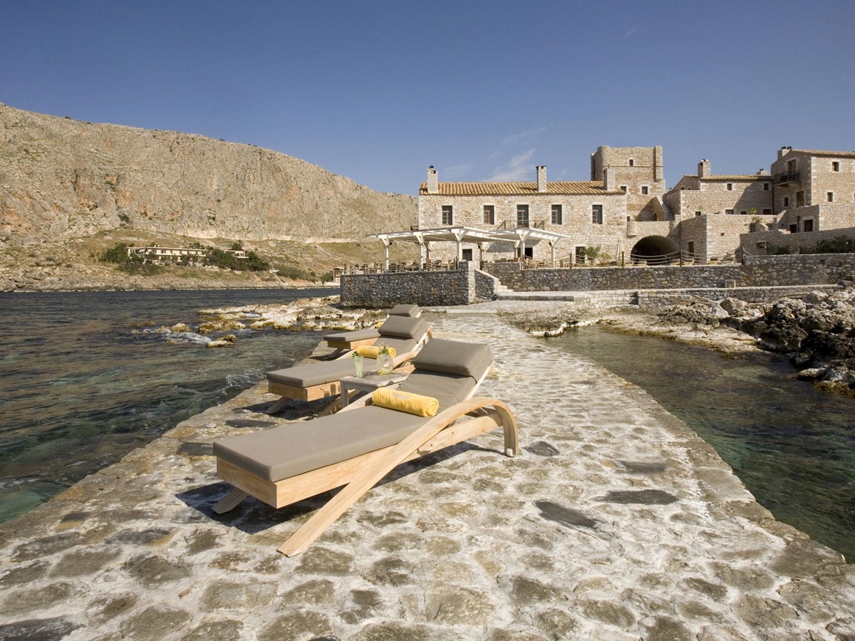 The exteriors and sun loungers at the sea side of Kyrimai, Greece