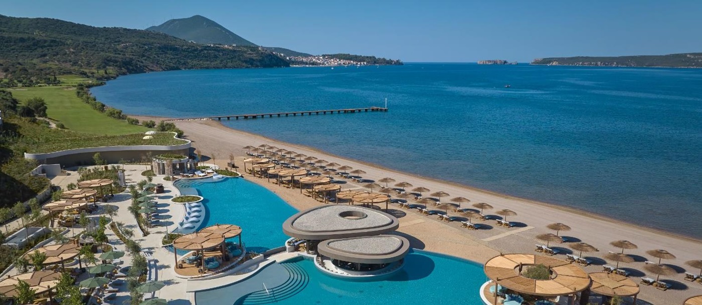 Swimming pool and beach club at the Mandarin Oriental Costa Navarino resort in Greece