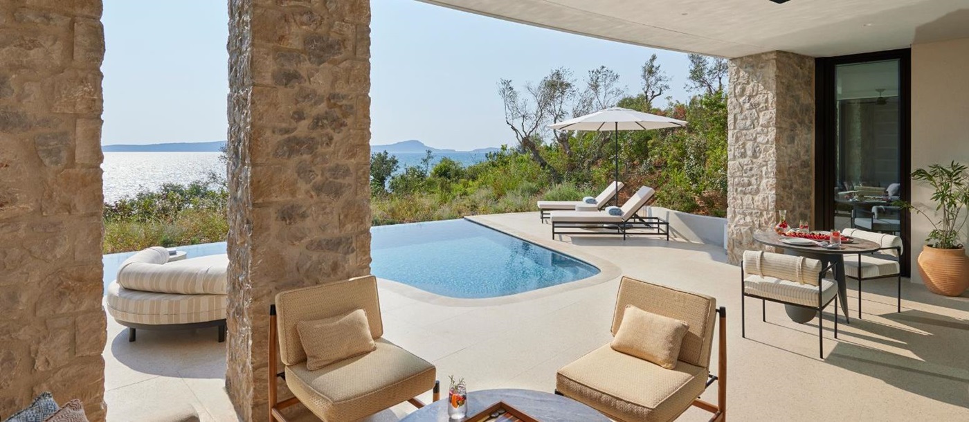 Private pool on villa terrace at the Mandarin Oriental Costa Navarino resort in Greece