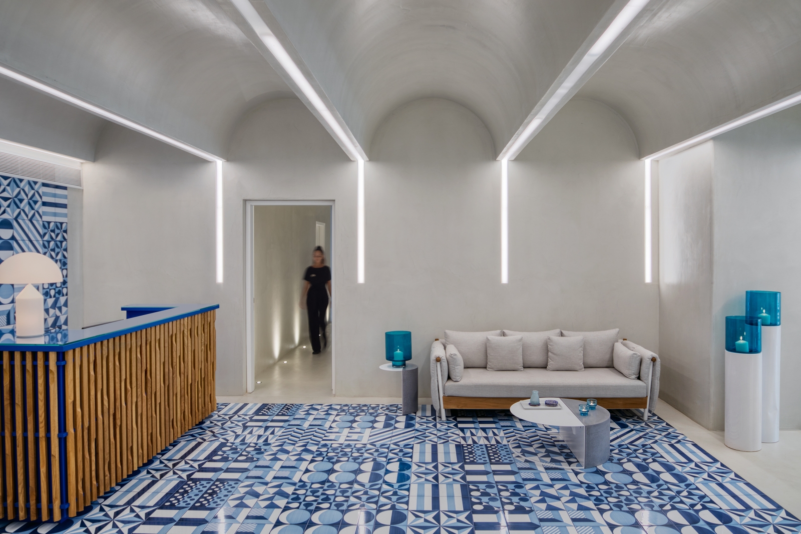 Lobby of Althea Spa with marine colour scheme at luxury resort Mykonos Grand, Greece