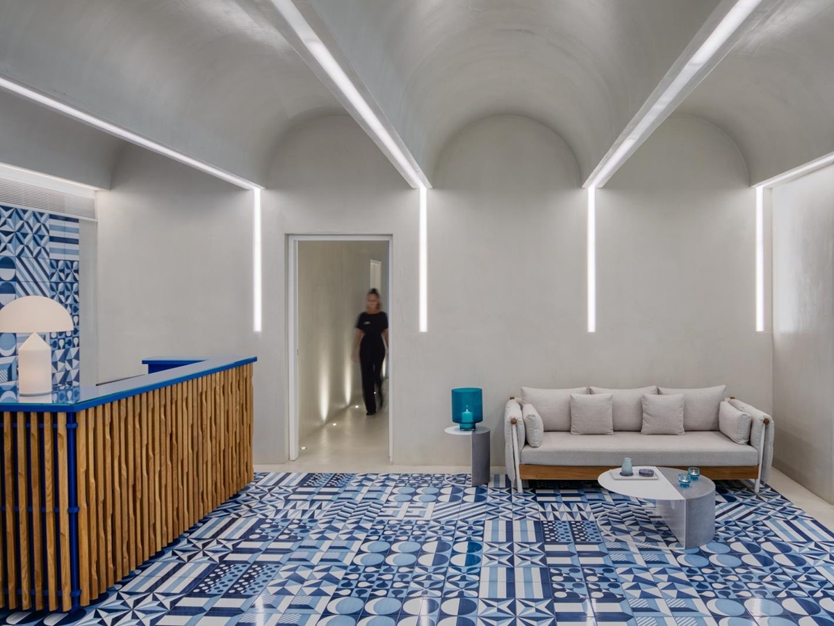 Lobby of Althea Spa with marine colour scheme at luxury resort Mykonos Grand, Greece