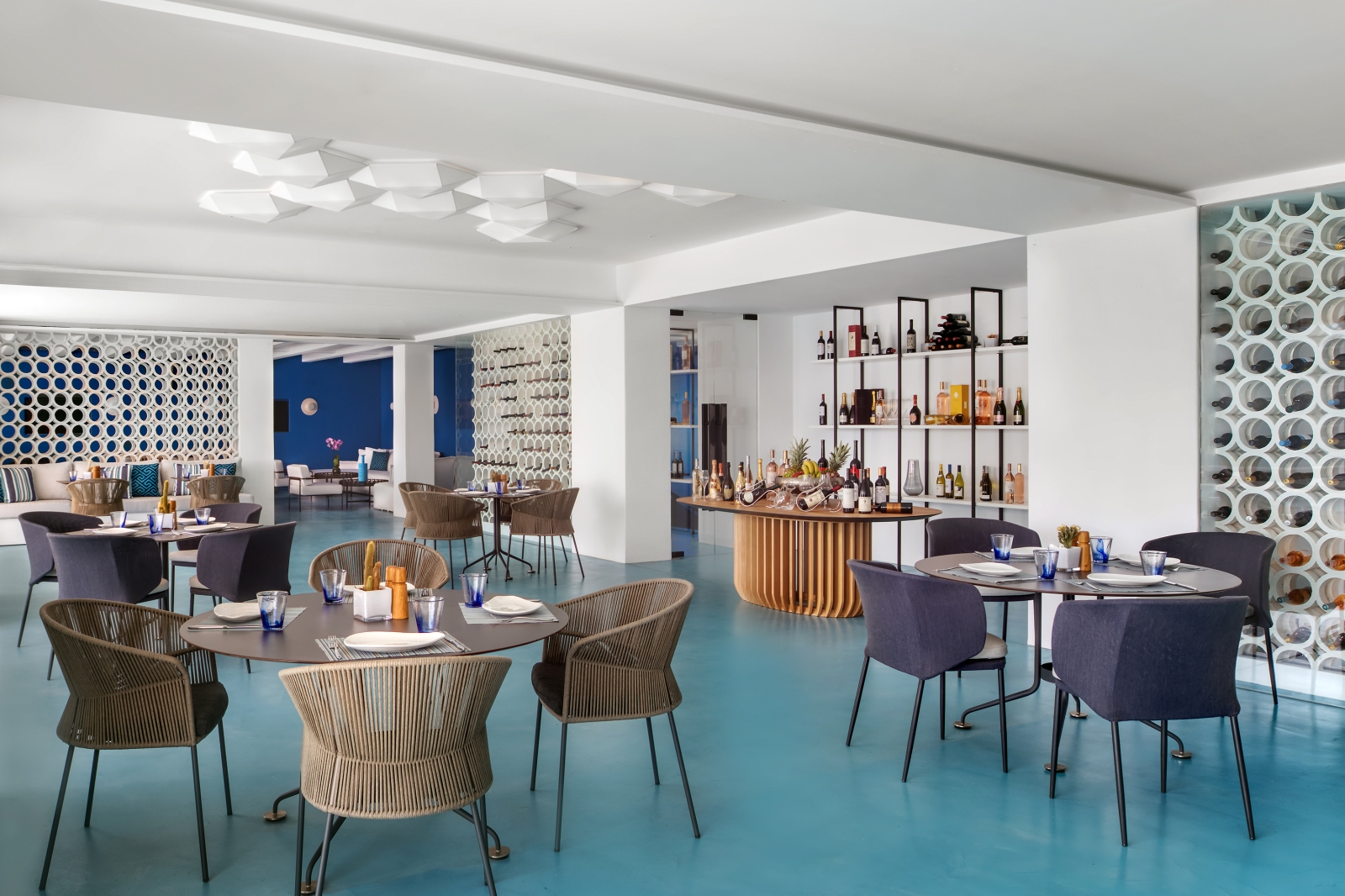 Dining area of Nama Restaurant at luxury resort Mykonos Grand, Greece