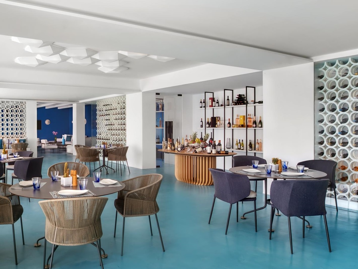 Dining area of Nama Restaurant at luxury resort Mykonos Grand, Greece