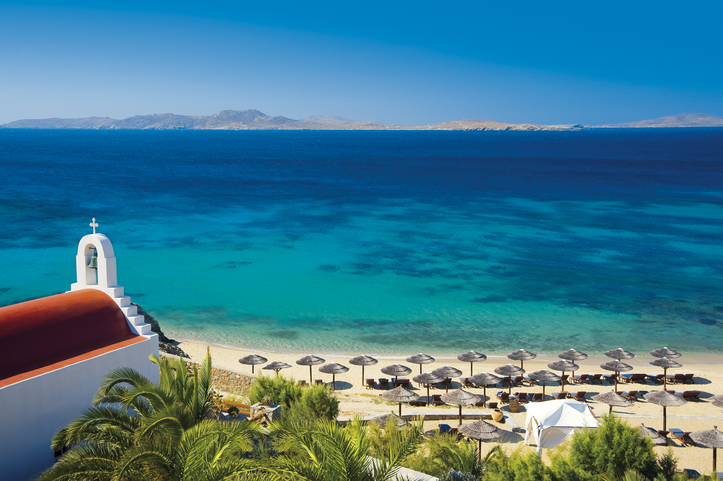 Sea and beach of Mykonos Grand Hotel, Greece