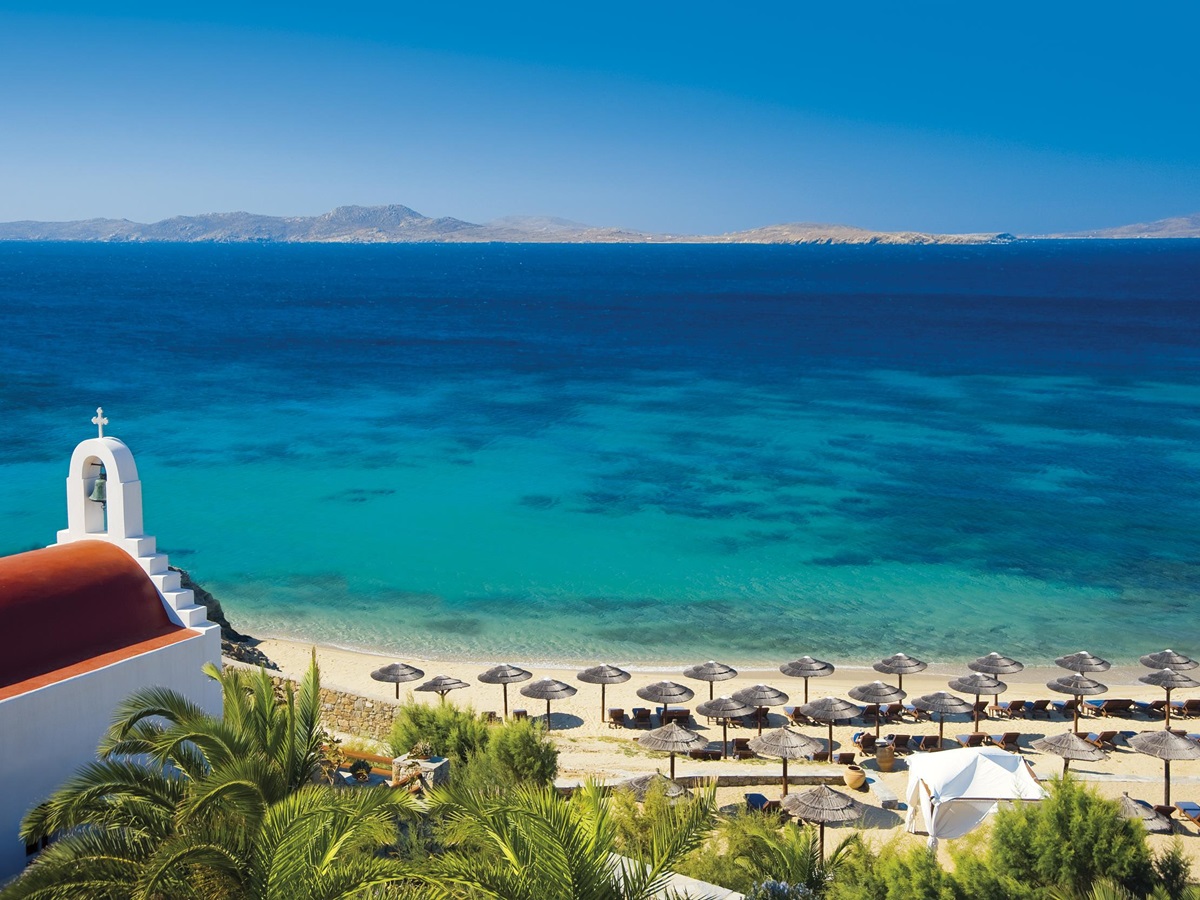 Sea and beach of Mykonos Grand Hotel, Greece