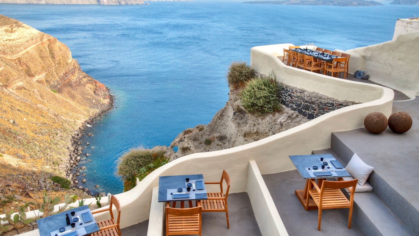 Sea front dining at Mystique in Santorini Greece