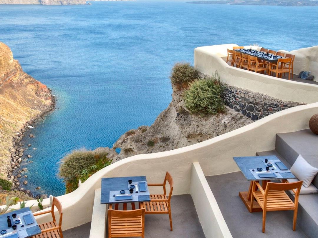 Sea front dining at Mystique in Santorini Greece