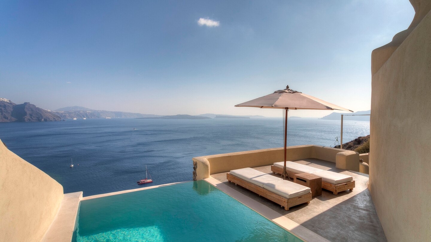 Private pool suite with sea views at Mystique in Santorini Greece