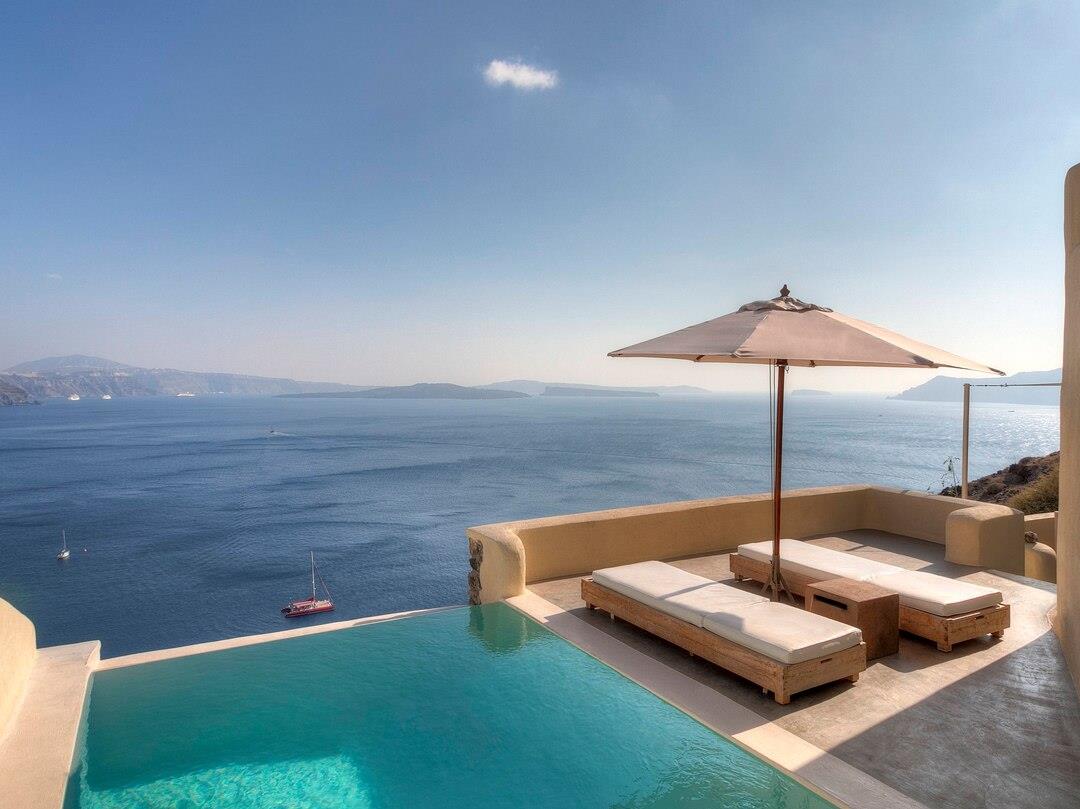 Private pool suite with sea views at Mystique in Santorini Greece