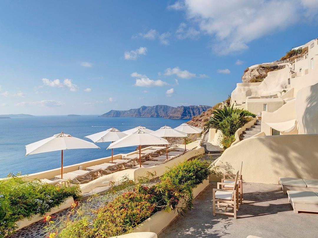 View from terrace at Mystique in Santorini Greece
