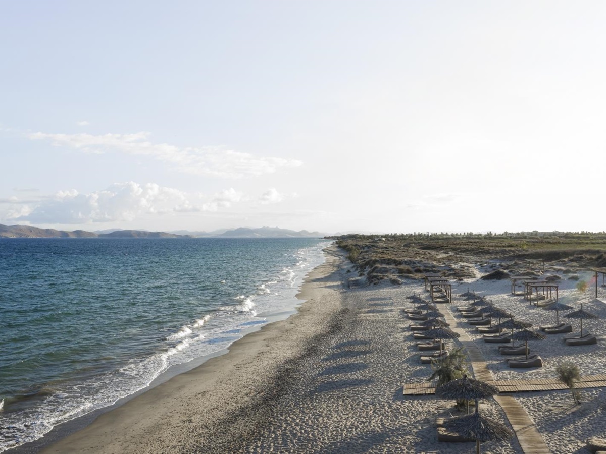 View over the beach at luxury hotel OKU Kos in Greece
