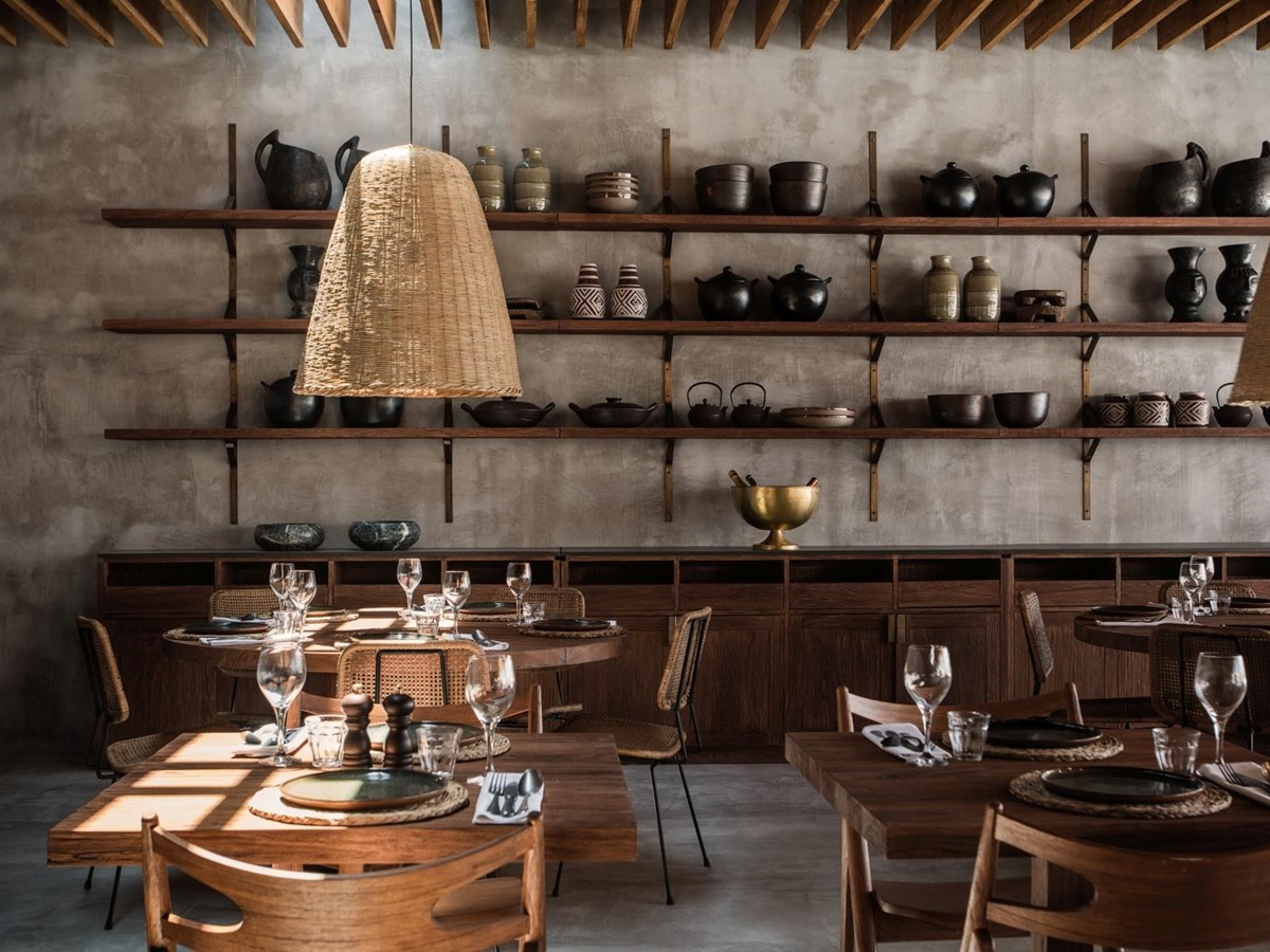 Rustic dining area at luxury hotel OKU Kos in Greece