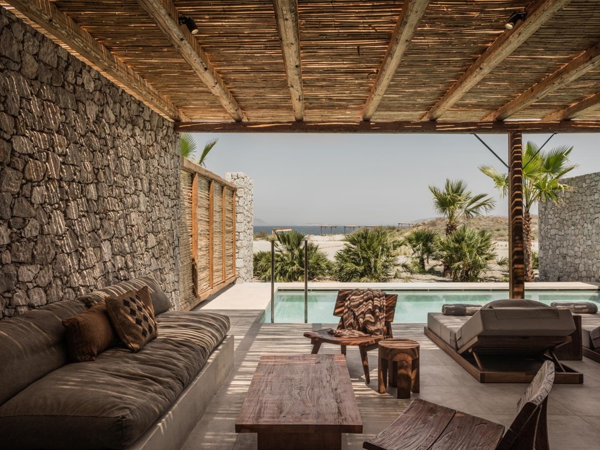 Private pool and outdoor chillout area of a suite at luxury hotel OKU Kos in Greece